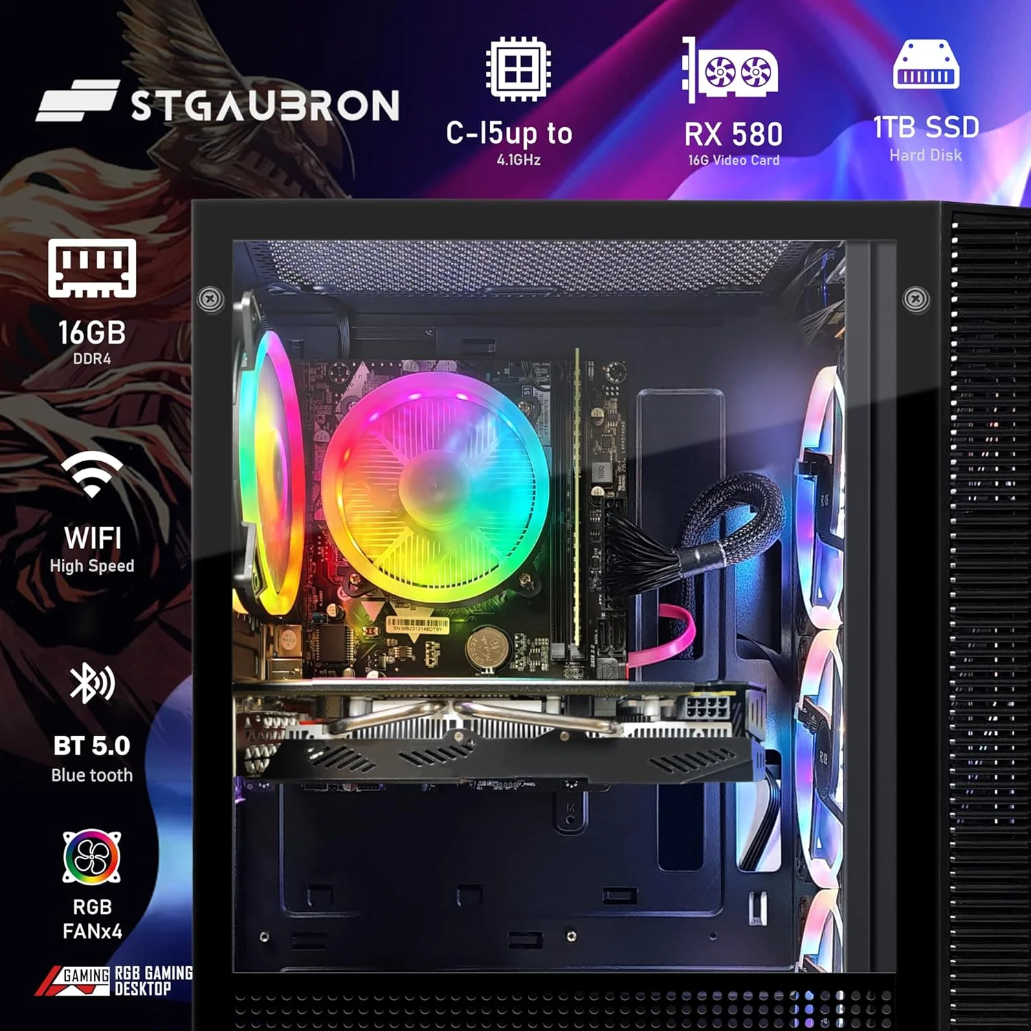 کامپیوتر رومیزی گیمینگ STGAubron، پردازنده Intel Core i5-9400F تا 4.1 گیگاهرتز، Radeon RX 580 16G GDDR5، رم 16 گیگابایتی، SSD 1 ترابایتی، WiFi 600M، BT 5.0، فن RGB x 4، کیبورد و ماوس RGB و پد ماوس، W11H64 کامپیوتر رومیزی گیمینگ STGAubron، پردازنده Intel Core i5-9400F تا 4.1 گیگاهرتز، Radeon RX 580 16G GDDR5، رم 16 گیگابایتی، SSD 1 ترابایتی، WiFi 600M، BT 5.0، فن RGB x 4، کیبورد و ماوس RGB و پد ماوس، W11H64