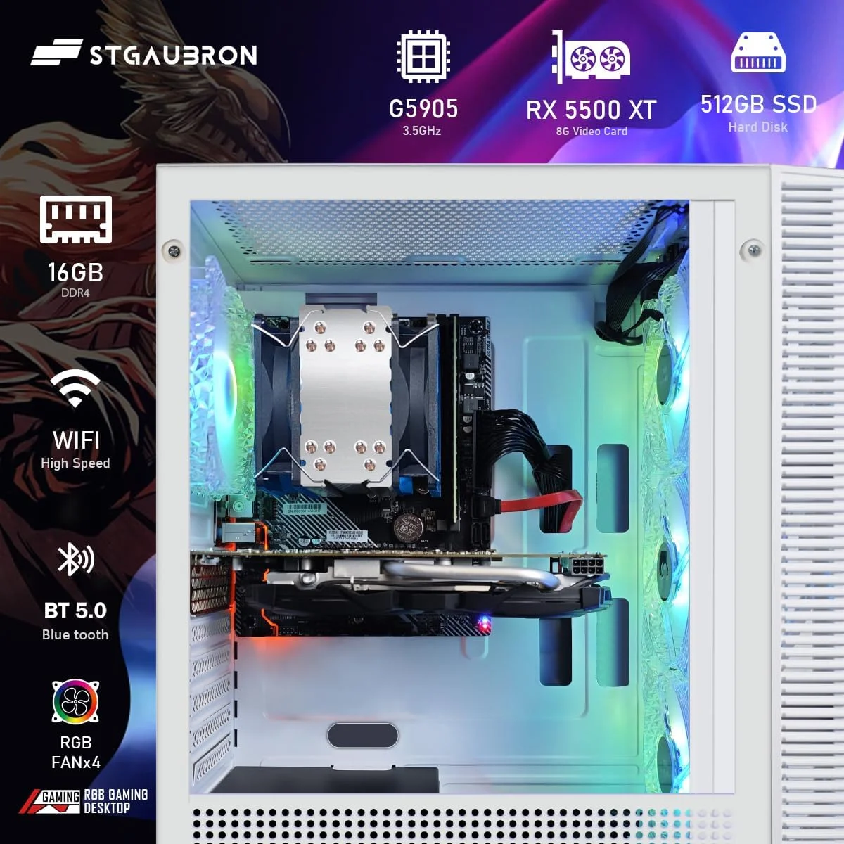 کامپیوتر رومیزی گیمینگ STGAubron، Radeon RX 5500 XT 8G GDDR6، پردازنده Intel نسل دهم G5905 3.5G، حافظه 16G DDR4، حافظه SSD 512G، وای فای 600M، بلوتوث 5.0، فن RGB x 4، کیبورد و ماوس RGB و پد ماوس، W11H64 کامپیوتر رومیزی گیمینگ STGAubron، Radeon RX 5500 XT 8G GDDR6، پردازنده Intel نسل دهم G5905 3.5G، حافظه 16G DDR4، حافظه SSD 512G، وای فای 600M، بلوتوث 5.0، فن RGB x 4، کیبورد و ماوس RGB و پد ماوس، W11H64