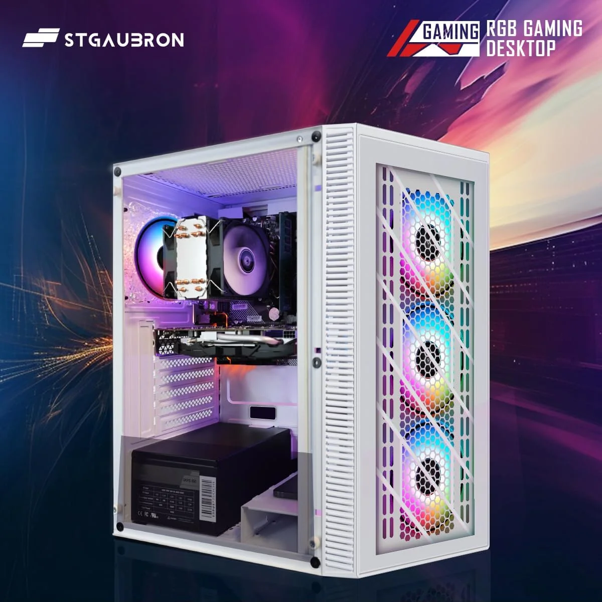 کامپیوتر رومیزی گیمینگ STGAubron، Radeon RX 5500 XT 8G GDDR6، پردازنده Intel نسل دهم G5905 3.5G، حافظه 16G DDR4، حافظه SSD 512G، وای فای 600M، بلوتوث 5.0، فن RGB x 4، کیبورد و ماوس RGB و پد ماوس، W11H64 کامپیوتر رومیزی گیمینگ STGAubron، Radeon RX 5500 XT 8G GDDR6، پردازنده Intel نسل دهم G5905 3.5G، حافظه 16G DDR4، حافظه SSD 512G، وای فای 600M، بلوتوث 5.0، فن RGB x 4، کیبورد و ماوس RGB و پد ماوس، W11H64