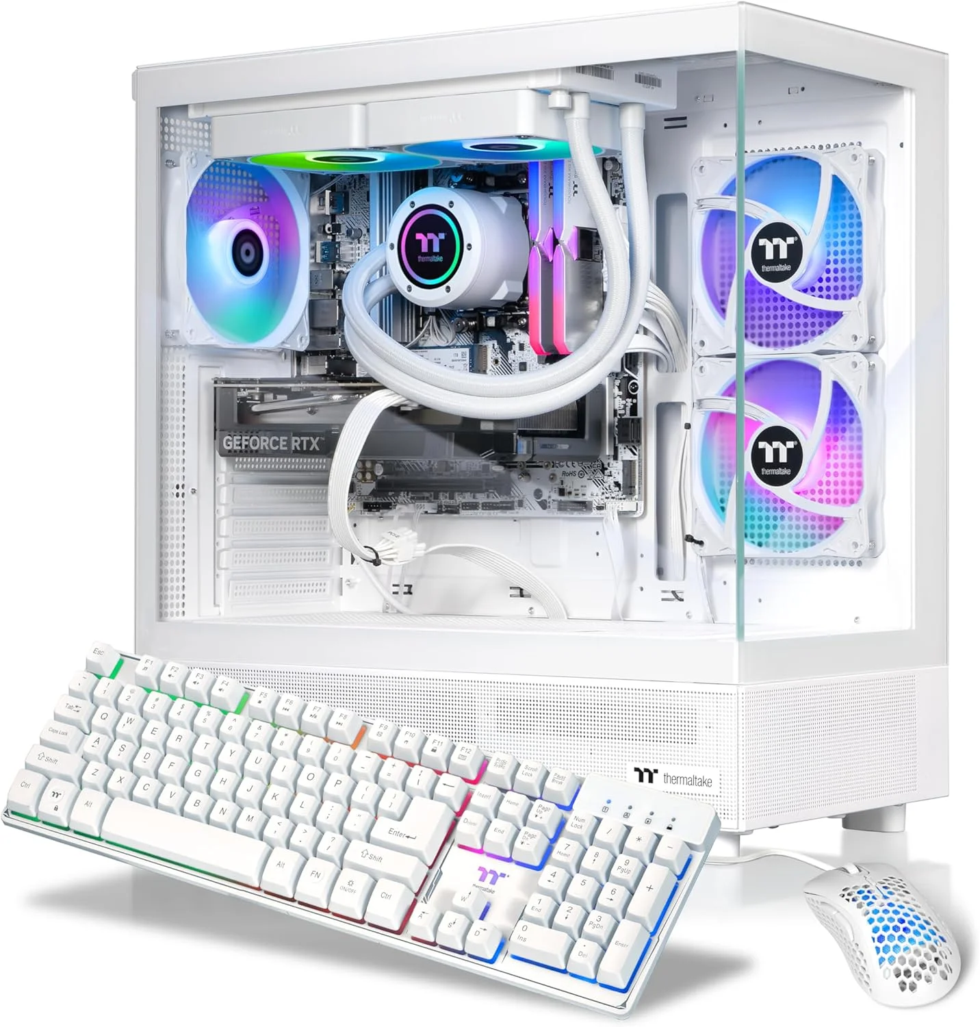 کامپیوتر گیمینگ Thermaltake LCGS View 7860TS-270 (پردازنده AMD Ryzen™ 7 7800X3D، رم 32 گیگابایت DDR5 6000MT/s RGB ToughRam، کارت گرافیک NVIDIA® GeForce RTX™ 5060 Ti 8G، حافظه 1 ترابایت NVMe M.2، وای فای، ویندوز 11) V27S-B85K-56T-LCS