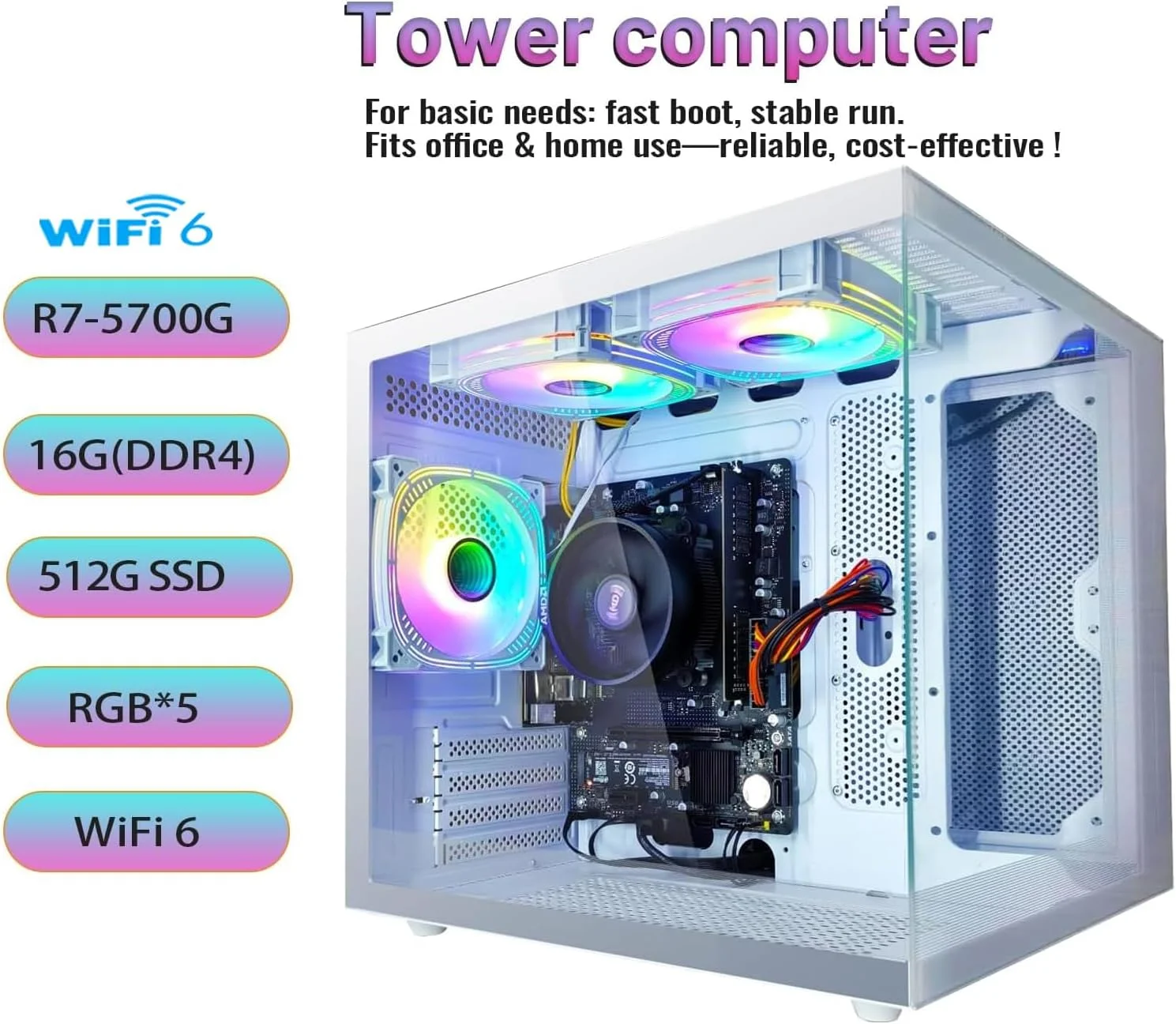 کامپیوتر رومیزی گیمینگ suevery با 16 گیگابایت رم، 512 گیگابایت SSD، پردازنده AMD Ryzen7 5700G (پردازنده 8 هسته ای با گرافیک Radeon Vega)، وای فای، کامپیوتر از پیش ساخته شده گیمینگ، سفید