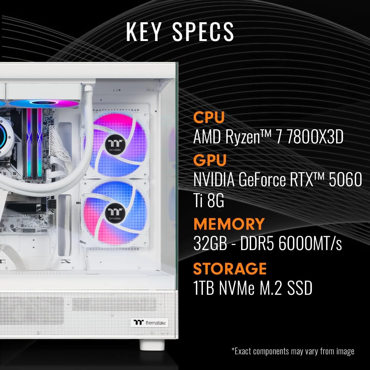 کامپیوتر گیمینگ Thermaltake LCGS View 7860TS-270 (پردازنده AMD Ryzen™ 7 7800X3D، رم 32 گیگابایت DDR5 6000MT/s RGB ToughRam، کارت گرافیک NVIDIA® GeForce RTX™ 5060 Ti 8G، حافظه 1 ترابایت NVMe M.2، وای فای، ویندوز 11) V27S-B85K-56T-LCS کامپیوتر گیمینگ Thermaltake LCGS View 7860TS-270 (پردازنده AMD Ryzen™ 7 7800X3D، رم 32 گیگابایت DDR5 6000MT/s RGB ToughRam، کارت گرافیک NVIDIA® GeForce RTX™ 5060 Ti 8G، حافظه 1 ترابایت NVMe M.2، وای فای، ویندوز 11) V27S-B85K-56T-LCS