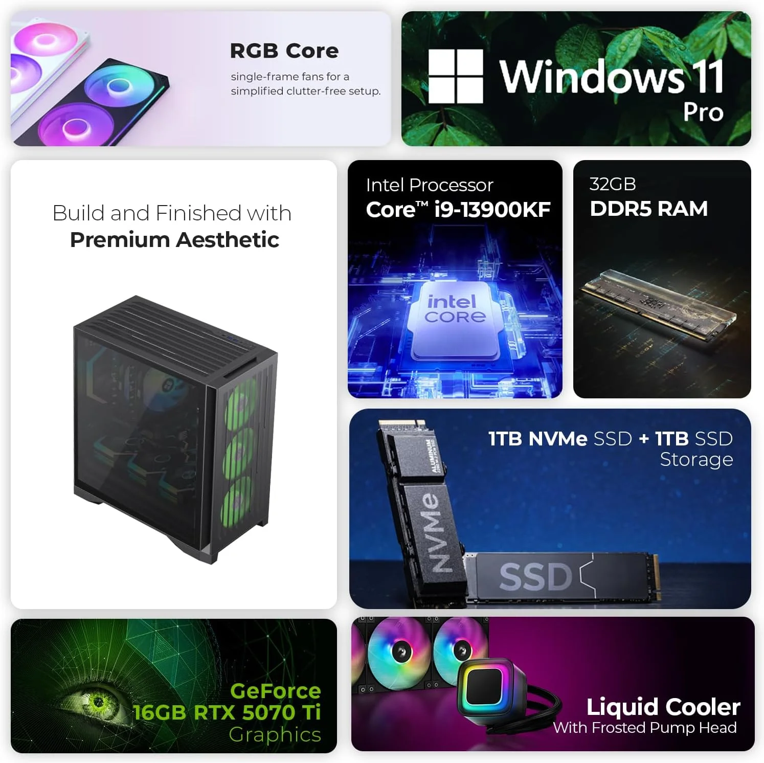 کامپیوتر گیمینگ فرست ویو نکسکور – نسل سیزدهم اینتل i9-13900KF، کارت گرافیک 16GB RTX 5070 Ti، رم 32GB DDR5 RGB، حافظه 2TB SSD (1TB NVMe+1TB SATA)، وای فای، خنککننده ARGB، ویندوز 11 پرو، دسکتاپ با عملکرد بالا کامپیوتر گیمینگ فرست ویو نکسکور – نسل سیزدهم اینتل i9-13900KF، کارت گرافیک 16GB RTX 5070 Ti، رم 32GB DDR5 RGB، حافظه 2TB SSD (1TB NVMe+1TB SATA)، وای فای، خنککننده ARGB، ویندوز 11 پرو، دسکتاپ با عملکرد بالا