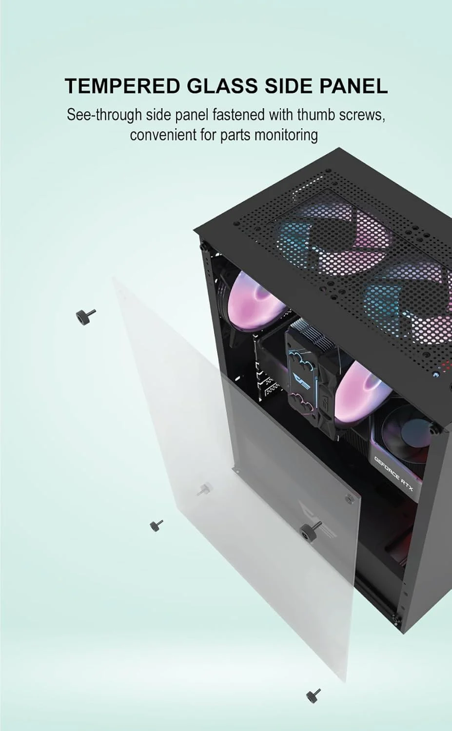 کیس کامپیوتر گیمینگ Aigo Darkflash DK100 با شیشه حرارت دیده، پورت USB 3.0، قابلیت نصب 2 هارد/اس اس دی، سازگار با سیستم خنک کننده رادیاتوری 120 میلی متری (بدون فن)