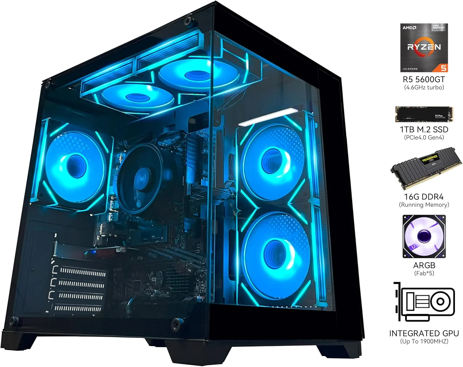 کامپیوتر رومیزی گیمینگ با پردازنده AMD Ryzen 5 5600GT، رم 16 گیگابایتی DDR4 3200MHz، حافظه 1 ترابایتی M.2 NVMe PCle4.0 Gen4، منبع تغذیه 550W 80PLUS، WiFi، مناسب برای طراحی بازی، کاربری اداری، اتاق Sea View، کیس اسمبل شده (مشکی) کامپیوتر رومیزی گیمینگ با پردازنده AMD Ryzen 5 5600GT، رم 16 گیگابایتی DDR4 3200MHz، حافظه 1 ترابایتی M.2 NVMe PCle4.0 Gen4، منبع تغذیه 550W 80PLUS، WiFi، مناسب برای طراحی بازی، کاربری اداری، اتاق Sea View، کیس اسمبل شده (مشکی)