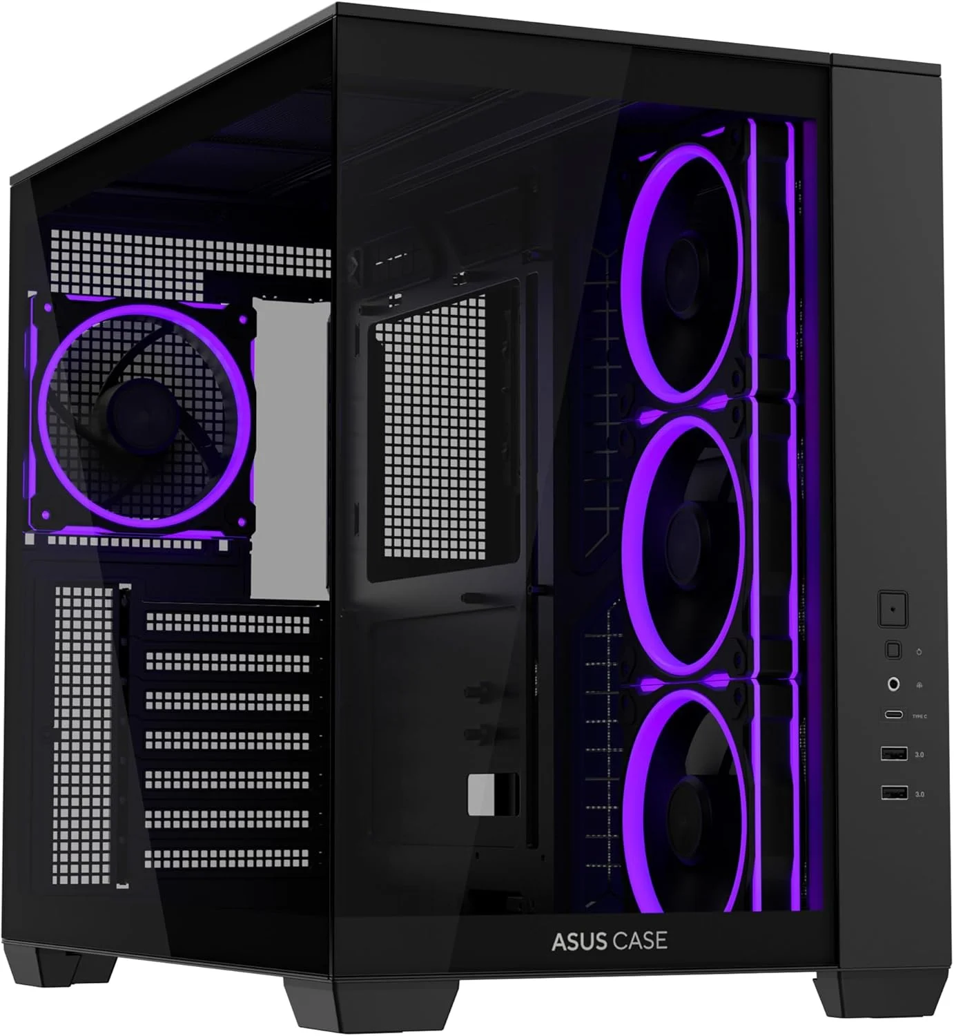 کیس مید تاور ATX ایسوس A32 PLUS TG ARGB مشکی – شیشه حرارت دیده، دارای 4 فن ARGB از پیش نصب شده، پشتیبانی از رادیاتور 360 میلی‌متری، USB 3.2 Gen 2 Type-C، کارت گرافیک 420 میلی‌متری – 90DC00S0-B19000