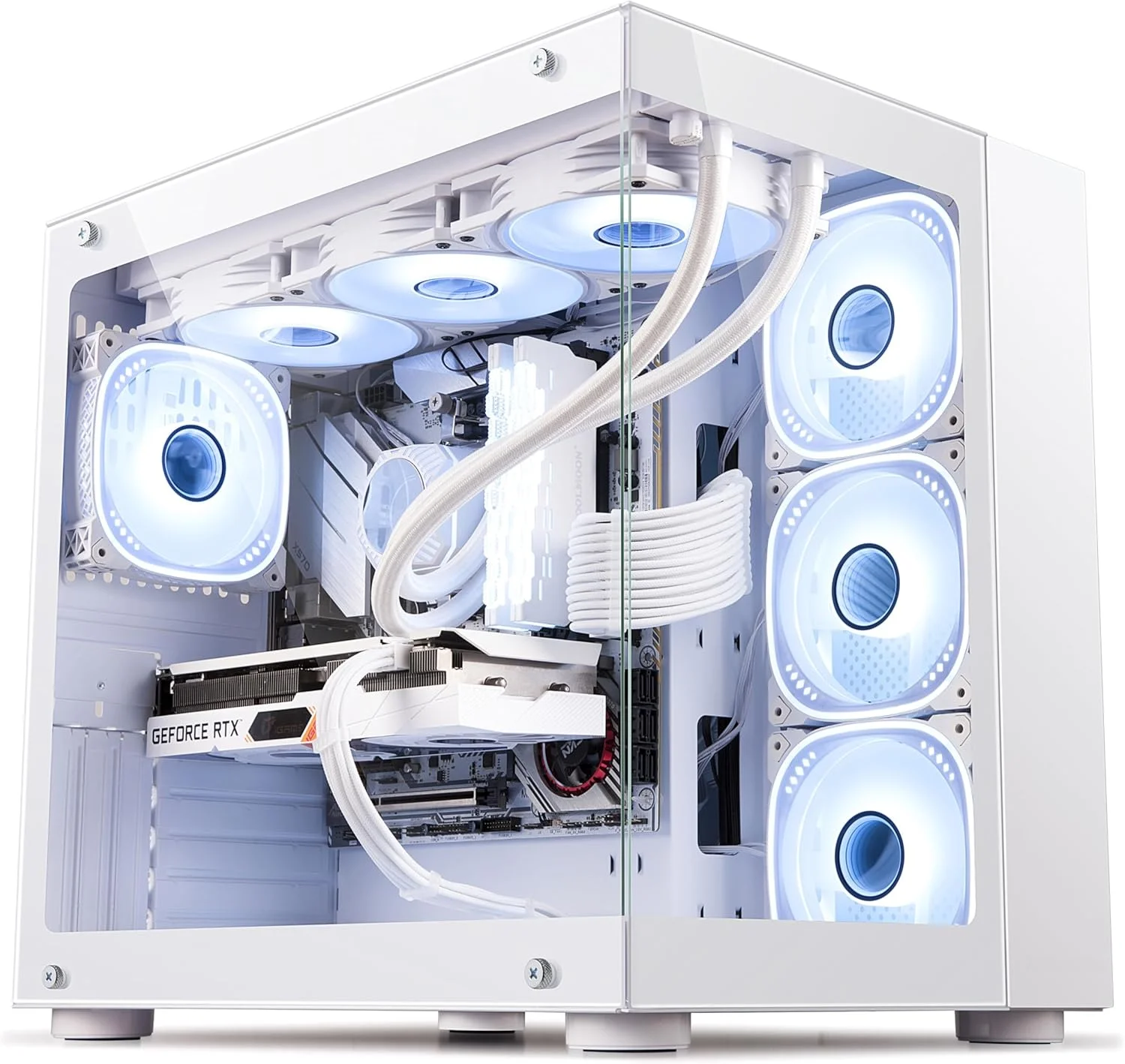 کیس کامپیوتر گیمینگ iONZ KZ-ZE/W، ATX Mid Tower، سری Dynamic Extended با دو محفظه، شیشه حرارت دیده، شامل 4 فن ARGB PWM - سفید