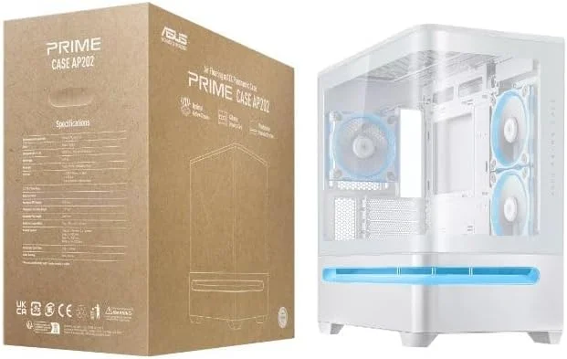 کیس کامپیوتر ASUS Prime AP202 Mid-Tower – شیشه حرارت دیده، ARGB، سفید، سازگار با ATX/Micro-ATX/Mini-ITX