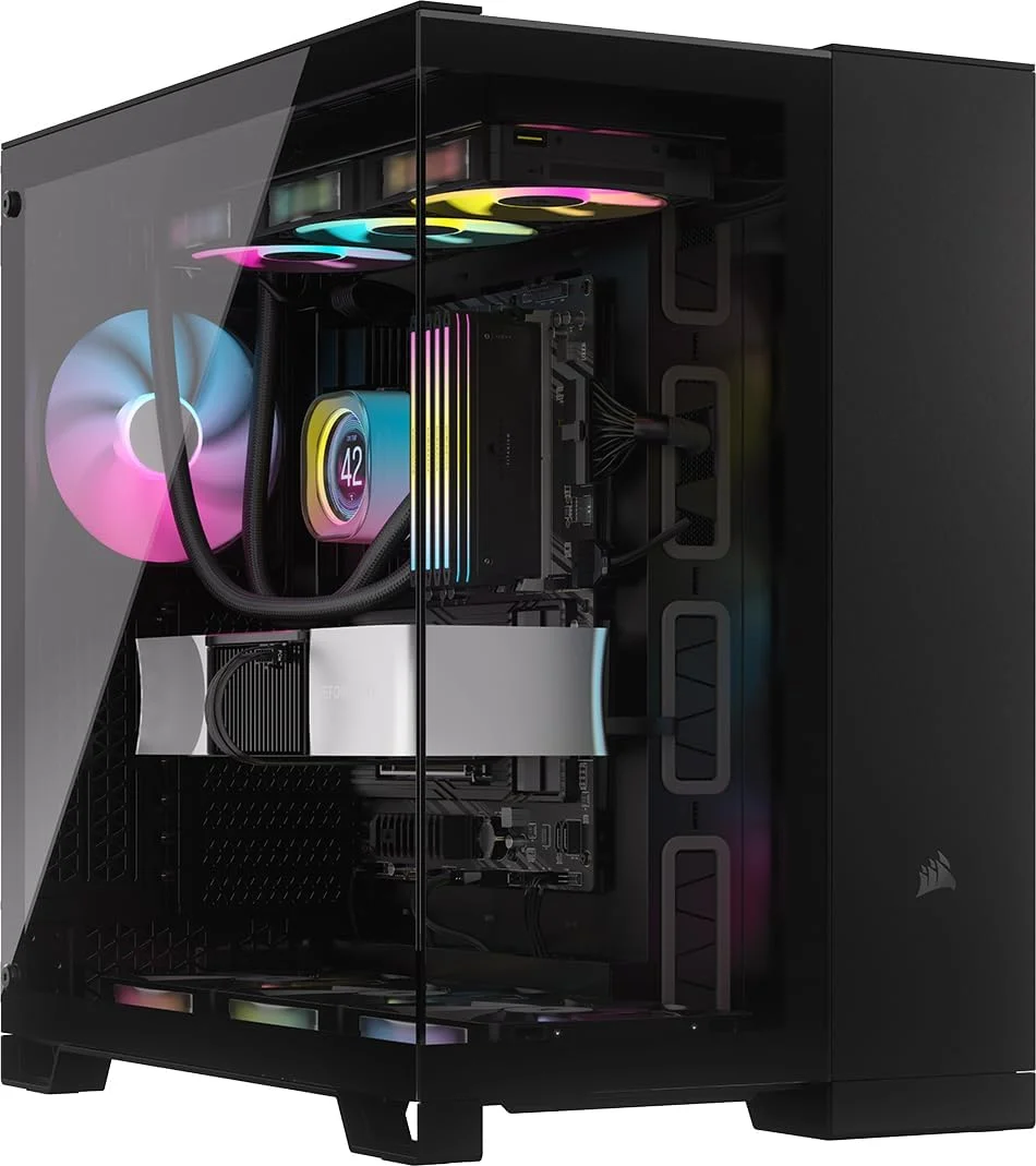کیس کامپیوتر CORSAIR iCUE LINK 6500X RGB Mid-Tower ATX با دو محفظه – شیشه حرارت دیده پانوراما - سازگار با مادربرد اتصال معکوس – شامل 3 عدد فن CORSAIR RX120 RGB – مشکی