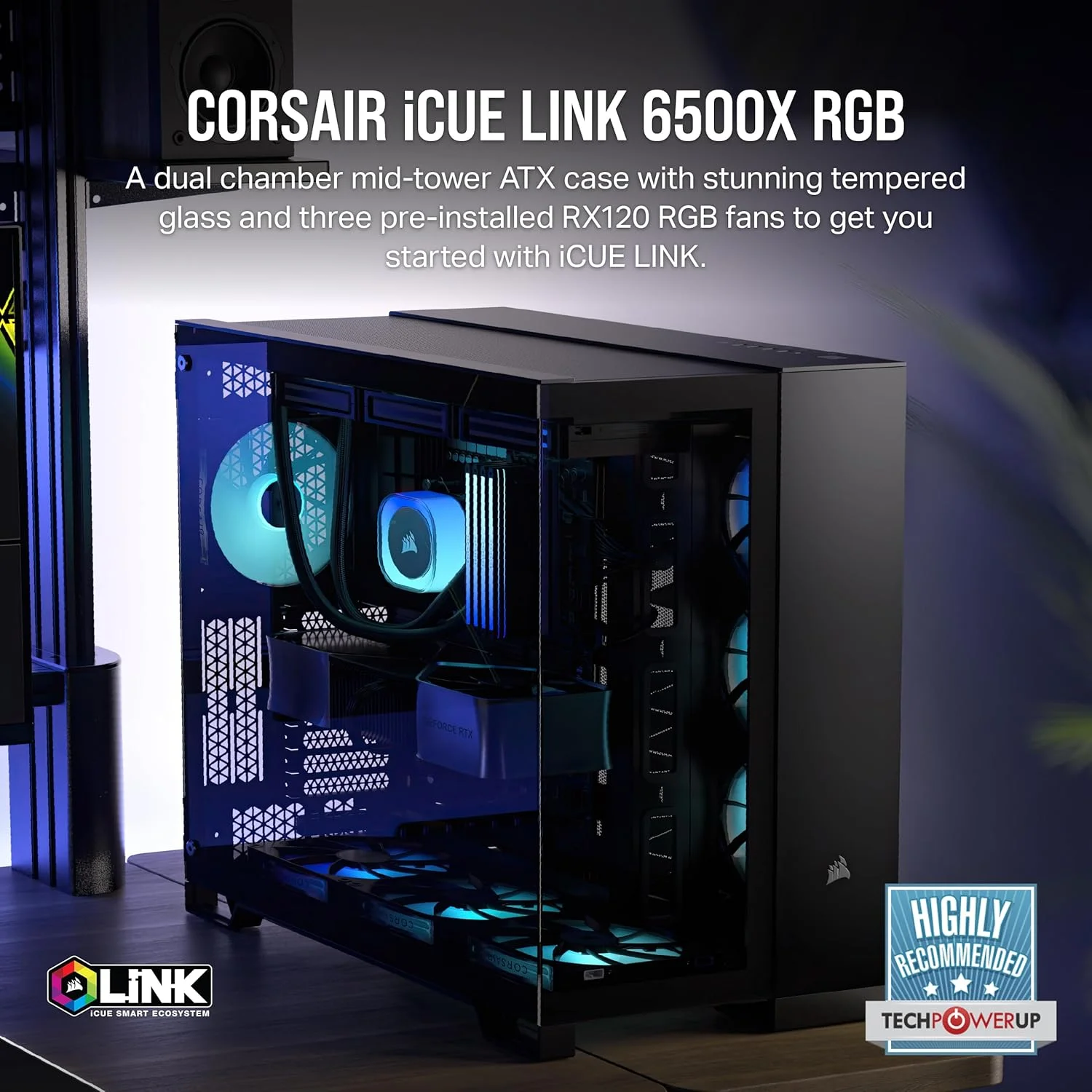 کیس کامپیوتر CORSAIR iCUE LINK 6500X RGB Mid-Tower ATX با دو محفظه – شیشه حرارت دیده پانوراما - سازگار با مادربرد اتصال معکوس – شامل 3 عدد فن CORSAIR RX120 RGB – مشکی