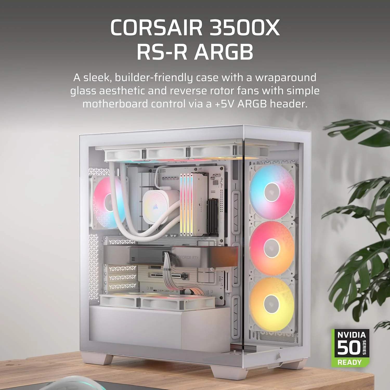 کیس کامپیوتر میدتاور شیشه ای CORSAIR 3500X RS-R ARGB – دارای 3 فن RS120-R ARGB از پیش نصب شده، بازوی ضد خمیدگی کارت گرافیک، قابلیت نصب تا 10 فن 120 میلی متری، سازگار با مادربردهای اتصال معکوس – سفید