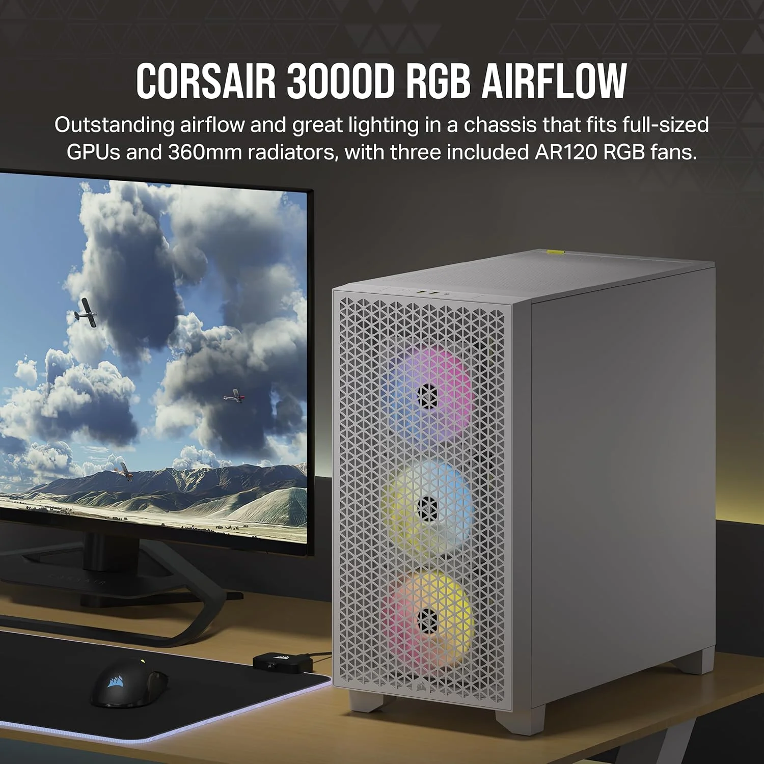 کیس کامپیوتر مید تاور CORSAIR 3000D RGB Airflow - سفید - دارای 3 فن AR120 RGB - پشتیبانی از کارت گرافیک چهار اسلاته - قابلیت نصب تا 8 فن 120 میلی‌متری - طراحی با جریان هوای بالا