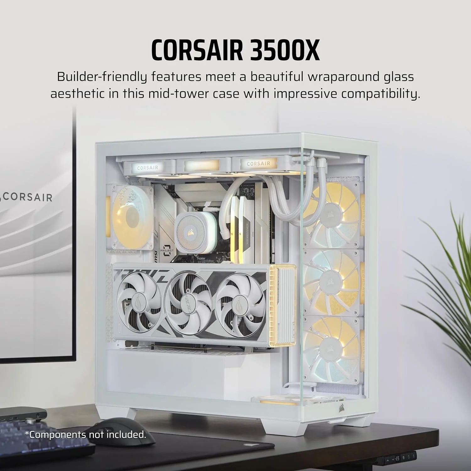 کیس کامپیوتر CORSAIR 3500X Mid-Tower ATX – شیشه حرارت دیده پانوراما – سازگار با مادربرد اتصال معکوس – بدون فن – سفید