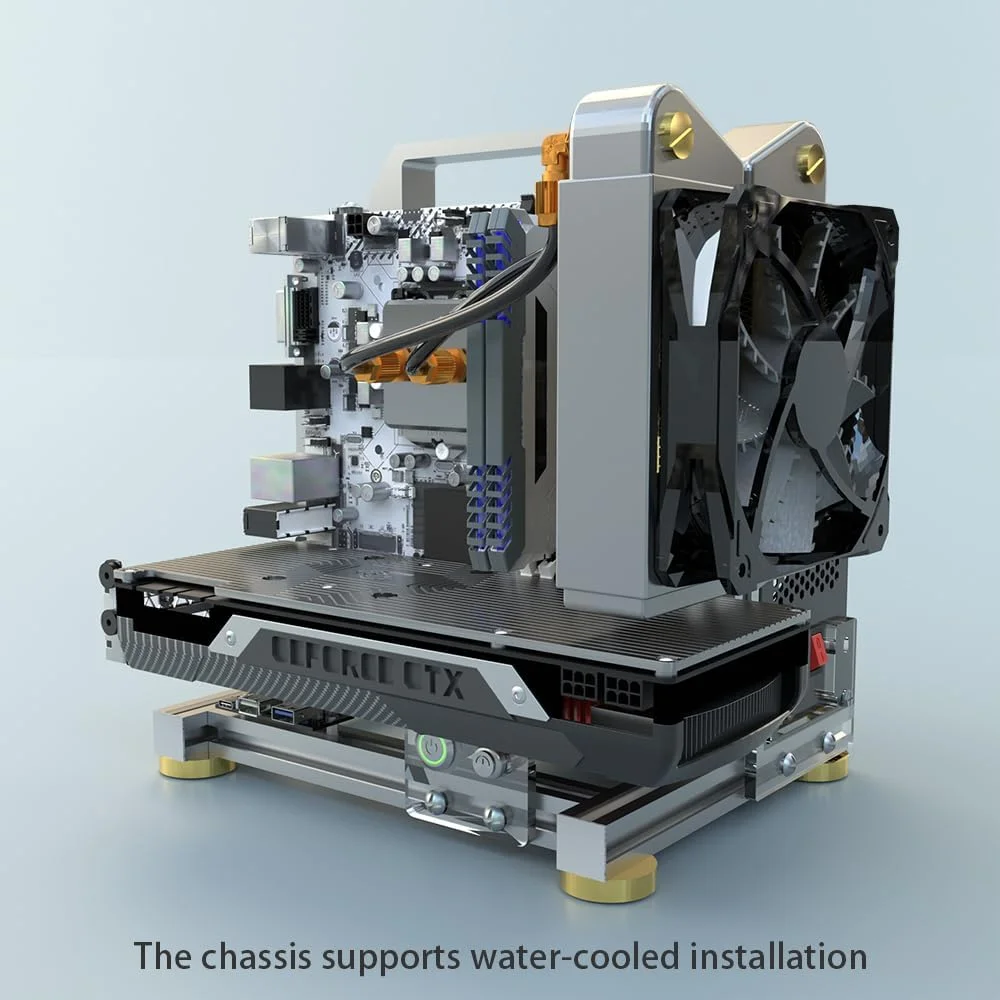 کیس کامپیوتر رومیزی باز با خنک‌کنندگی عالی، جنس آلومینیوم، تست بنچ شامل پشتیبانی از Type-C برای مادربرد (ITX)