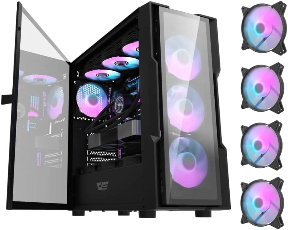 کیس کامپیوتر گیمینگ DarkFlash DK431 شیشه ای EATX، دارای 4 فن aRGB از پیش نصب شده، پنل جلویی شیشه حرارت دیده، پشتیبانی از رادیاتور تا 360 میلی متر و 12 فن، مواد SPCC + شیشه حرارت دیده، مشکی