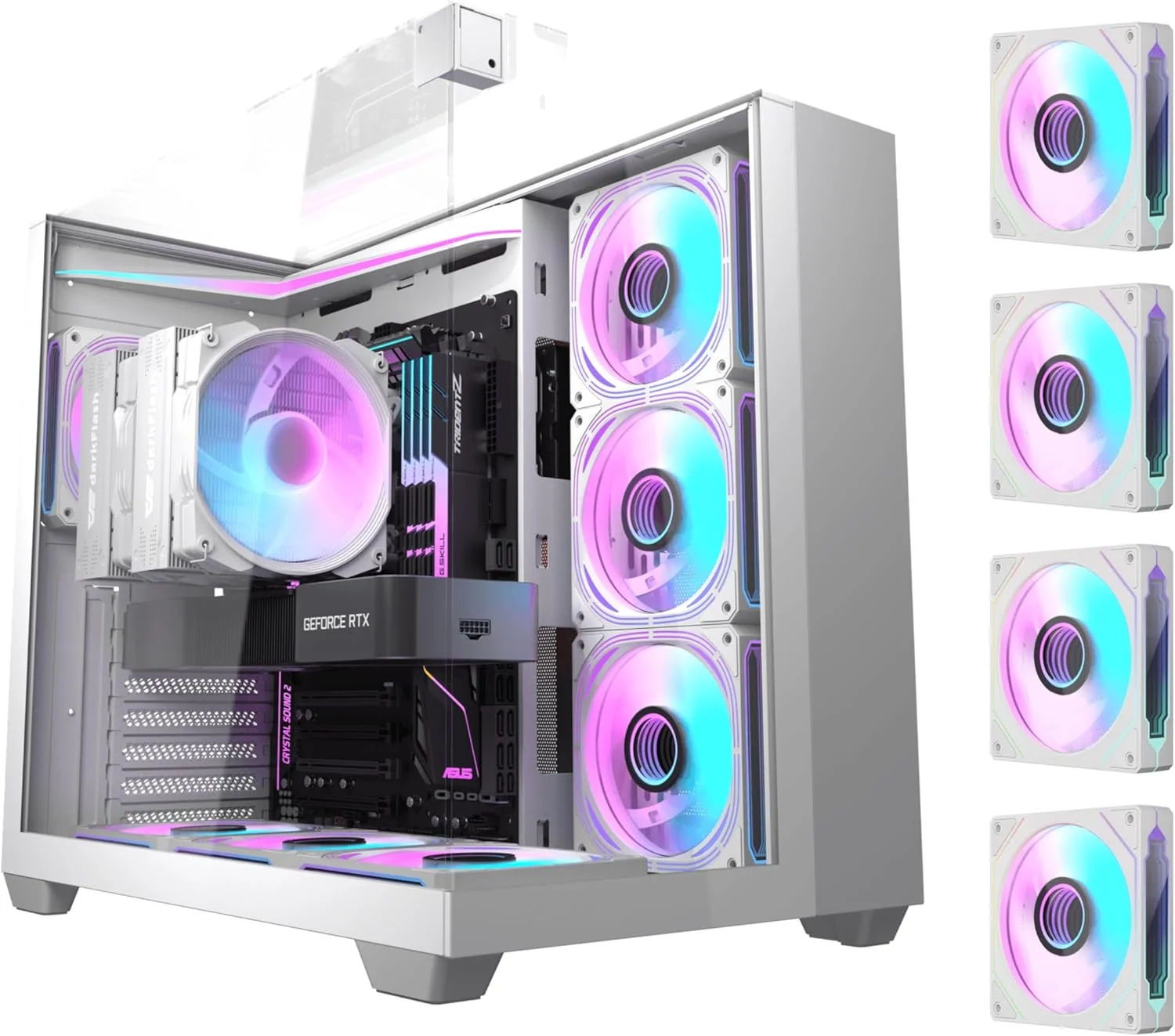 کیس کامپیوتر گیمینگ Darkflash TH285 ATX/M-ATX/MINI-ITX با سه طرف شیشه حرارت دیده، دارای 4 فن 120 ARGB از پیش نصب شده و نوار نور LED، پشتیبانی از رادیاتور 360 میلی متری، پورت USB 3.0، کیس کامپیوتر 3*SSD/2*HDD (سفید)