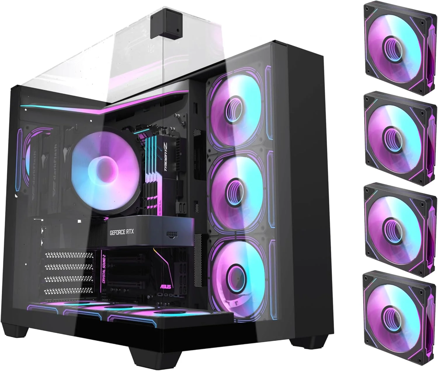 کیس کامپیوتر گیمینگ Darkflash TH285 ATX/M-ATX/MINI-ITX با سه پنل شیشه ای حرارت دیده، دارای 4 فن 120 ARGB از پیش نصب شده و نوار نور LED، پشتیبانی از رادیاتور 360 میلی متری، پورت USB 3.0، قابلیت نصب 3 عدد SSD و 2 عدد HDD (مشکی)