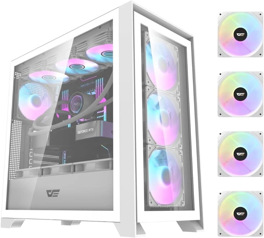 کیس کامپیوتر گیمینگ Darkflash DRX90 با شیشه حرارت دیده جداشدنی مغناطیسی، مناسب مادربردهای ATX/M-ATX/Mini-ITX، دارای 4 فن 120 میلی‌متری ARGB از پیش نصب شده، پشتیبانی از رادیاتور 360 میلی‌متری، USB 3.0 و 7 اسلات PCI (سفید)