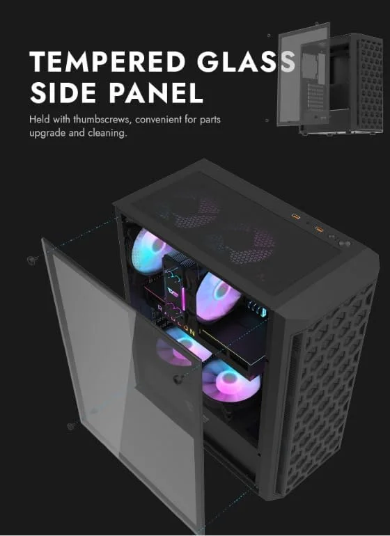 کیس کامپیوتر گیمینگ Darkflash DK350 شیشه حرارت دیده ATX, M-ATX, Mini ITX با 4 فن ARGB از پیش نصب شده، USB3.0، پنل جلویی با طرح شش ضلعی، دارای فیلتر گرد و غبار، کیس گیمینگ