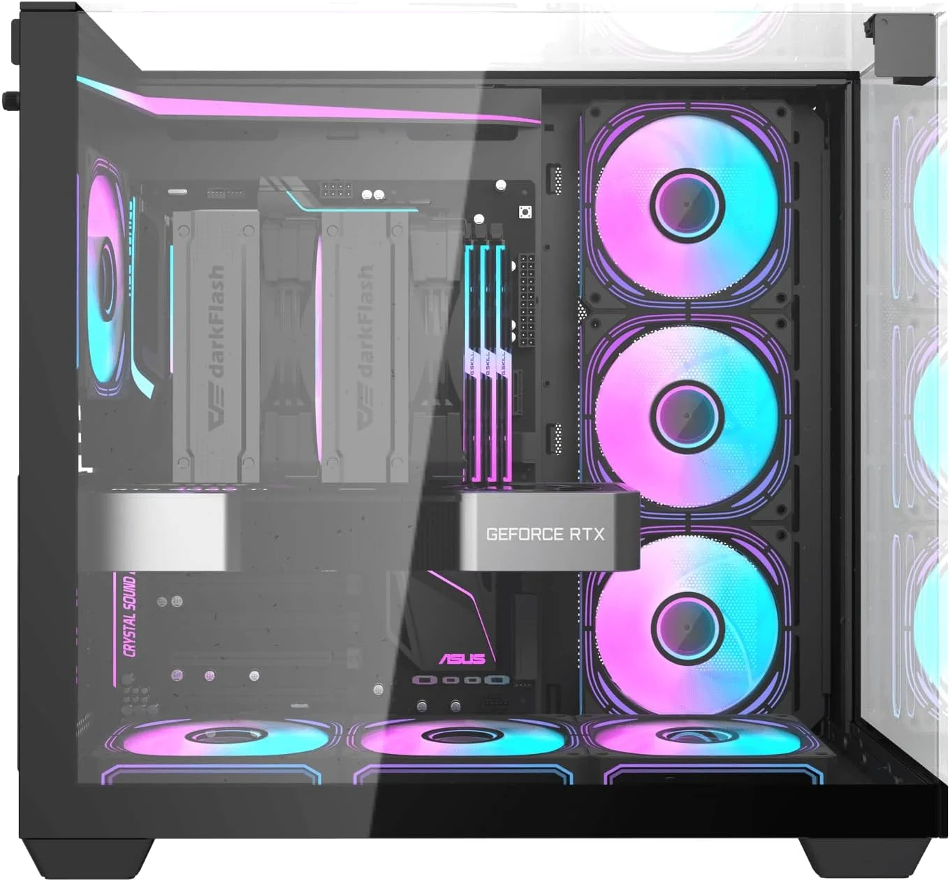 کیس کامپیوتر گیمینگ Darkflash TH285 ATX/M-ATX/MINI-ITX با سه پنل شیشه ای حرارت دیده، دارای 4 فن 120 ARGB از پیش نصب شده و نوار نور LED، پشتیبانی از رادیاتور 360 میلی متری، پورت USB 3.0، قابلیت نصب 3 عدد SSD و 2 عدد HDD (مشکی)