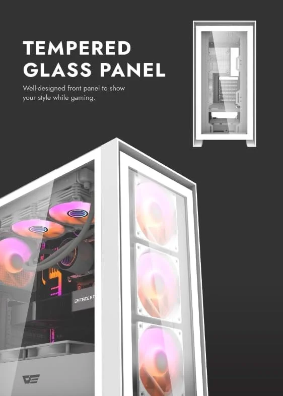 کیس کامپیوتر گیمینگ Darkflash DRX90 با شیشه حرارت دیده جداشدنی مغناطیسی، مناسب مادربردهای ATX/M-ATX/Mini-ITX، دارای 4 فن 120 میلی‌متری ARGB از پیش نصب شده، پشتیبانی از رادیاتور 360 میلی‌متری، USB 3.0 و 7 اسلات PCI (سفید)