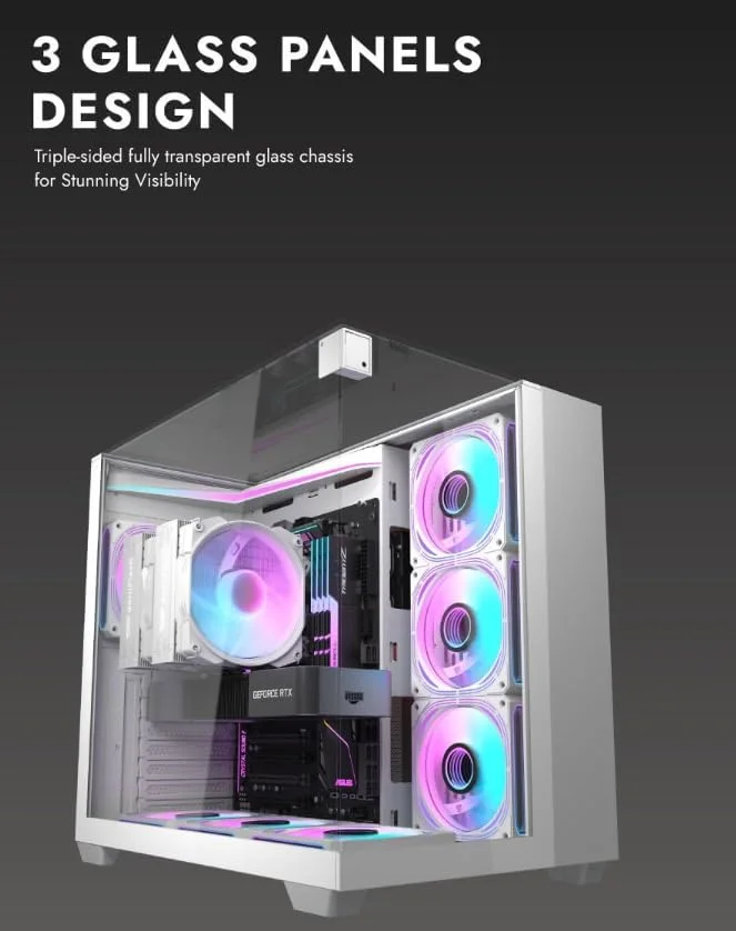 کیس کامپیوتر گیمینگ Darkflash TH285 ATX/M-ATX/MINI-ITX با سه طرف شیشه حرارت دیده، دارای 4 فن 120 ARGB از پیش نصب شده و نوار نور LED، پشتیبانی از رادیاتور 360 میلی متری، پورت USB 3.0، کیس کامپیوتر 3*SSD/2*HDD (سفید)