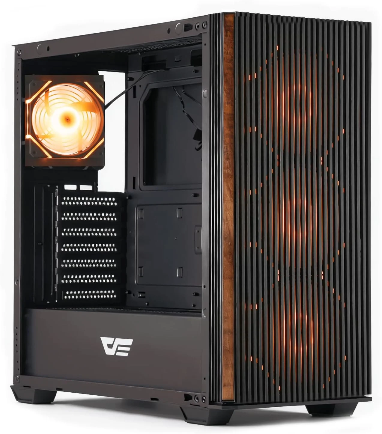 کیس کامپیوتر مید تاور ATX دارک فلش با طرح چوب، کیس از پیش نصب شده با 4 فن PWM ARGB، کیس گیمینگ شیشه ای با نمای کامل، پورت Type-C، پشتیبانی از خنک کننده مایع تا 360 میلی متر، مشکی (DS900WS)