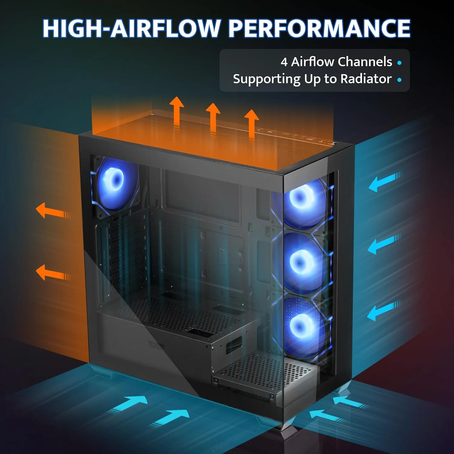 کیس کامپیوتر مید تاور ATX دارک فلش، دارای 4 فن PWM ARGB از پیش نصب شده، کیس کامپیوتر گیمینگ با شیشه حرارت دیده دوگانه با نمای کامل، دارای پورت Type C، پشتیبانی از رادیاتور خنک کننده مایع تا 360 میلی متر (مشکی)