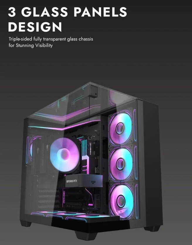 کیس کامپیوتر گیمینگ Darkflash TH285 ATX/M-ATX/MINI-ITX با سه پنل شیشه ای حرارت دیده، دارای 4 فن 120 ARGB از پیش نصب شده و نوار نور LED، پشتیبانی از رادیاتور 360 میلی متری، پورت USB 3.0، قابلیت نصب 3 عدد SSD و 2 عدد HDD (مشکی)
