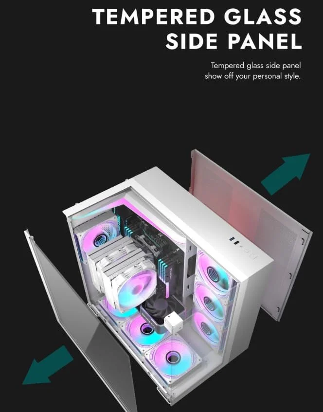 کیس کامپیوتر گیمینگ Darkflash TH285 ATX/M-ATX/MINI-ITX با سه طرف شیشه حرارت دیده، دارای 4 فن 120 ARGB از پیش نصب شده و نوار نور LED، پشتیبانی از رادیاتور 360 میلی متری، پورت USB 3.0، کیس کامپیوتر 3*SSD/2*HDD (سفید)