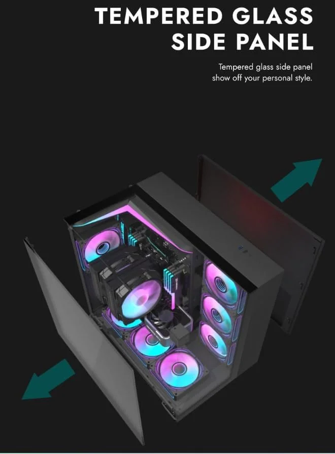 کیس کامپیوتر گیمینگ Darkflash TH285 ATX/M-ATX/MINI-ITX با سه پنل شیشه ای حرارت دیده، دارای 4 فن 120 ARGB از پیش نصب شده و نوار نور LED، پشتیبانی از رادیاتور 360 میلی متری، پورت USB 3.0، قابلیت نصب 3 عدد SSD و 2 عدد HDD (مشکی)