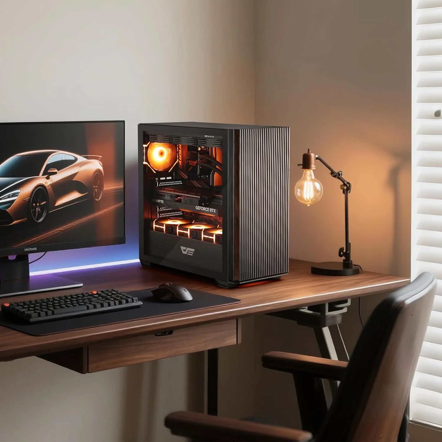 کیس کامپیوتر مید تاور ATX دارک فلش با طرح چوب، کیس از پیش نصب شده با 4 فن PWM ARGB، کیس گیمینگ شیشه ای با نمای کامل، پورت Type-C، پشتیبانی از خنک کننده مایع تا 360 میلی متر، مشکی (DS900WS)