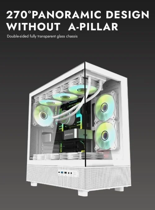 کیس کامپیوتر گیمینگ Darkflash DPX90 ATX/M-ATX/M-ITX با 3 فن ARGB، طراحی پانورامای 270 درجه بدون ستون، پنل های شیشه ای حرارت دیده، پشتیبانی از رادیاتورهای 360 میلی متری، دارای پورت USB Type-C (سفید)
