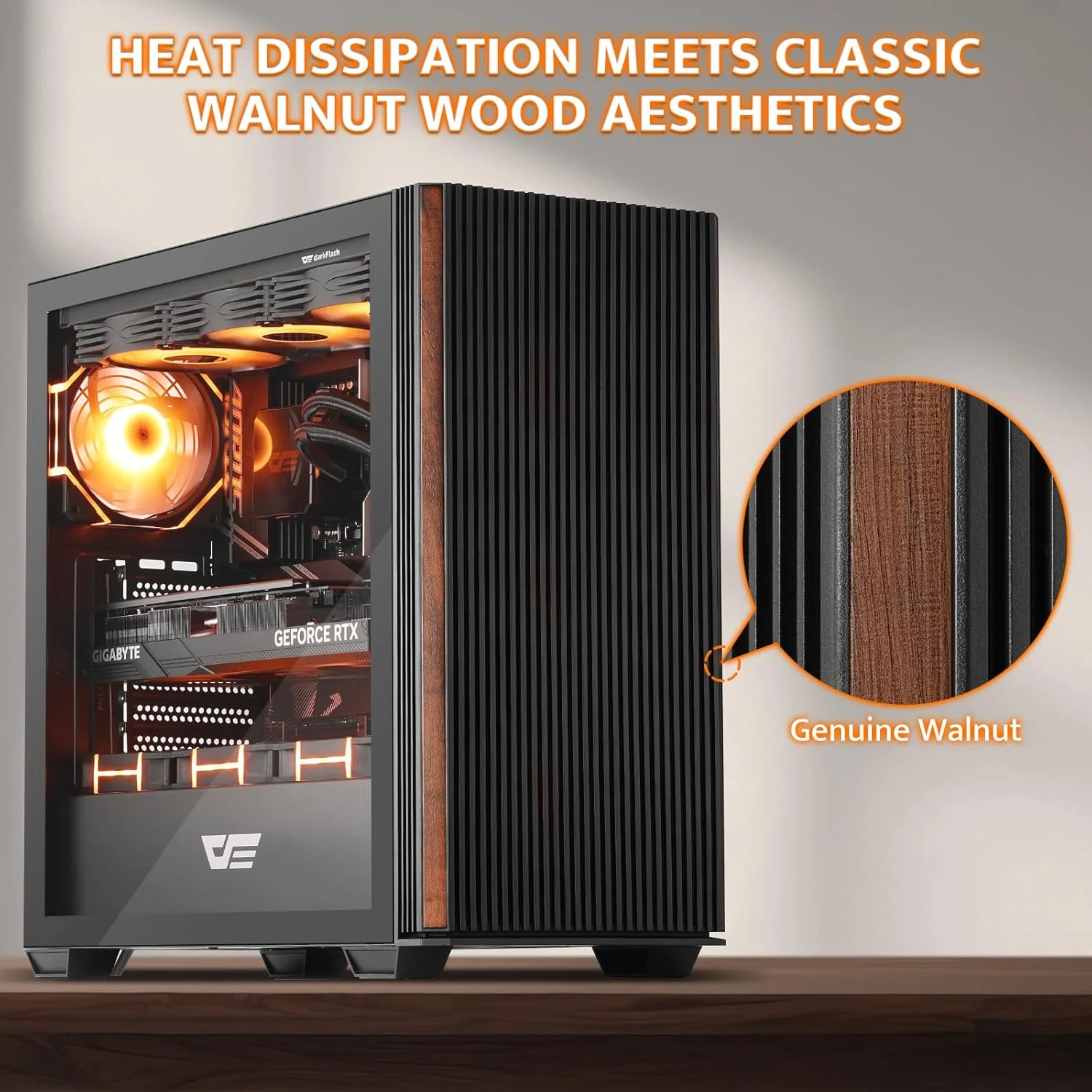 کیس کامپیوتر مید تاور ATX دارک فلش با طرح چوب، کیس از پیش نصب شده با 4 فن PWM ARGB، کیس گیمینگ شیشه ای با نمای کامل، پورت Type-C، پشتیبانی از خنک کننده مایع تا 360 میلی متر، مشکی (DS900WS)