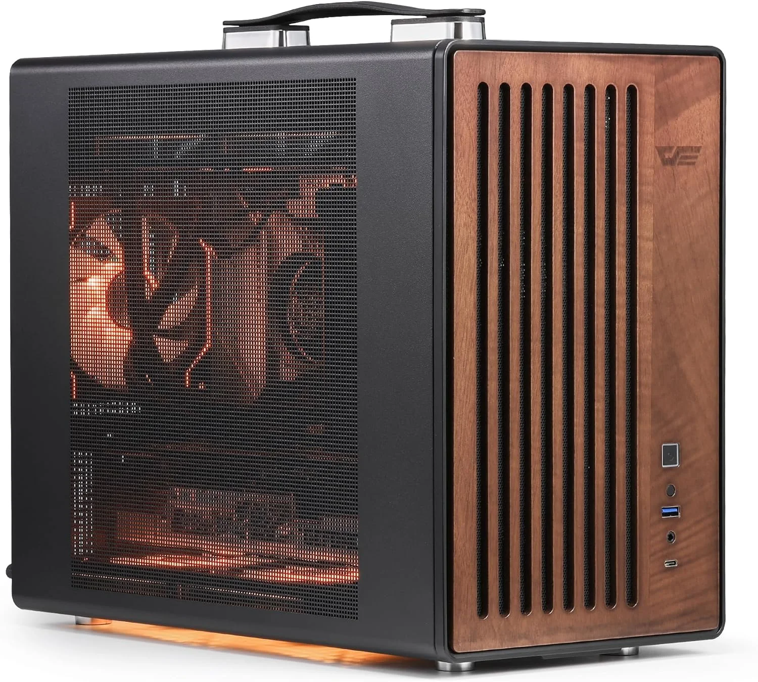 کیس کامپیوتر Micro-ATX قابل حمل دارک فلش با دستگیره، 1 فن ARGB PWM، با چوب گردو، Type-C، پشتیبانی از 240 AIO، کولر H165mm، دسکتاپ جمع و جور ساده (WD200، مشکی)