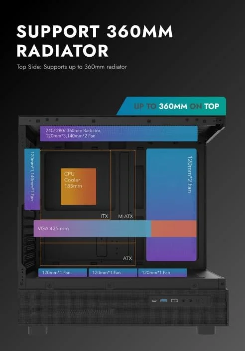 کیس کامپیوتر گیمینگ Darkflash DPX90 ATX/M-ATX/M-ITX با 3 فن ARGB، طراحی پانورامای 270 درجه بدون ستون، پنل های شیشه ای حرارت دیده، پشتیبانی از رادیاتورهای 360 میلی متری، دارای پورت USB Type-C (مشکی)
