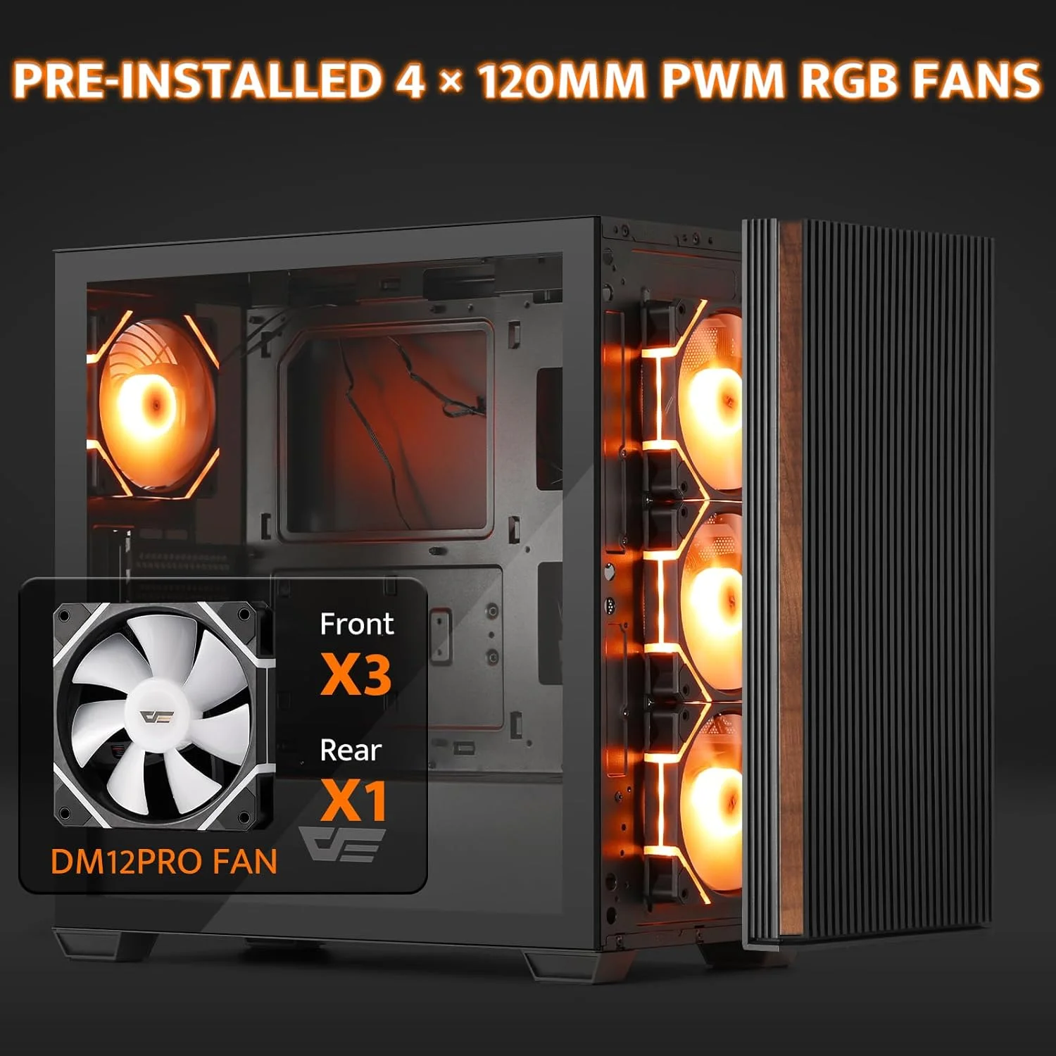 کیس کامپیوتر مید تاور ATX دارک فلش با طرح چوب، کیس از پیش نصب شده با 4 فن PWM ARGB، کیس گیمینگ شیشه ای با نمای کامل، پورت Type-C، پشتیبانی از خنک کننده مایع تا 360 میلی متر، مشکی (DS900WS)