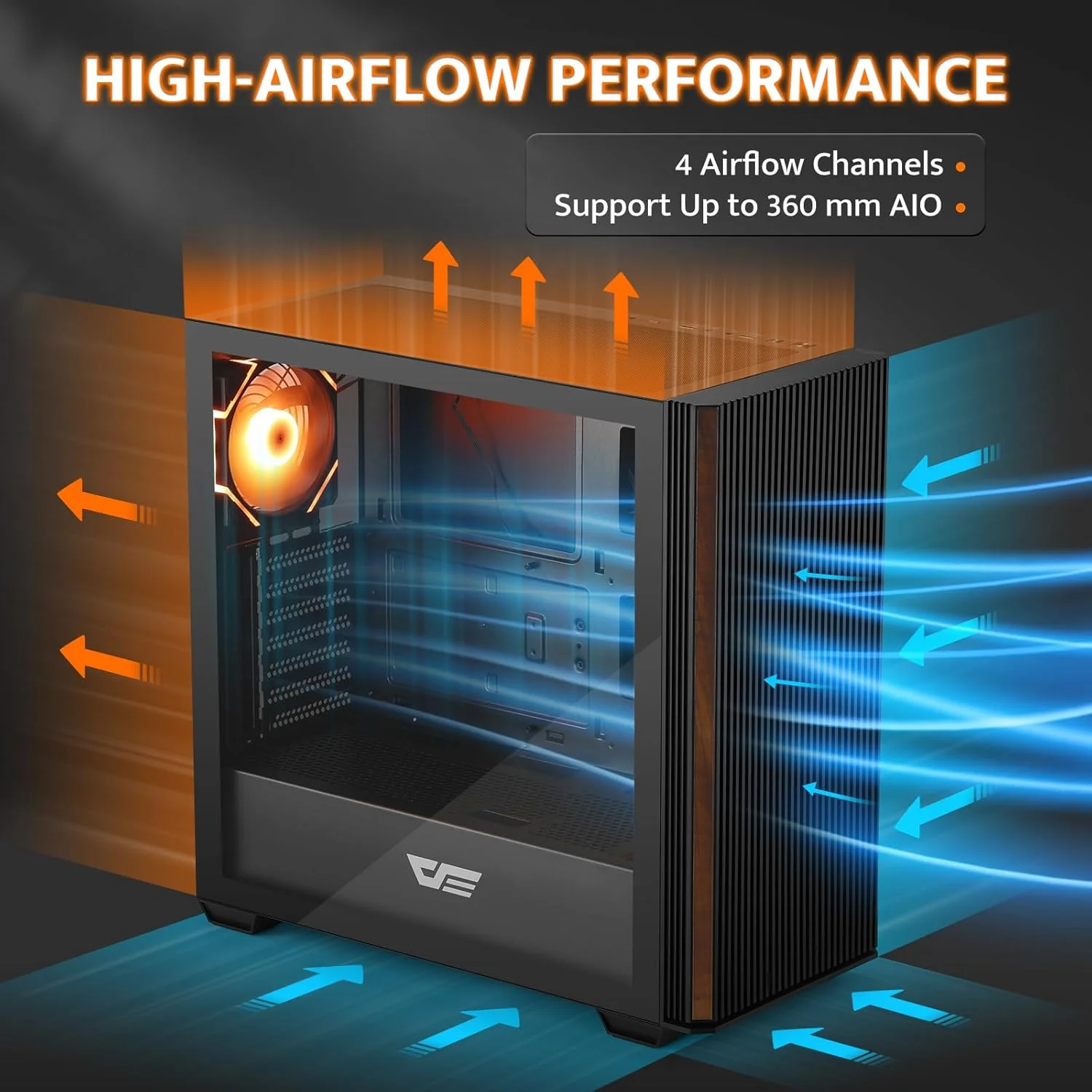 کیس کامپیوتر مید تاور ATX دارک فلش با طرح چوب، کیس از پیش نصب شده با 4 فن PWM ARGB، کیس گیمینگ شیشه ای با نمای کامل، پورت Type-C، پشتیبانی از خنک کننده مایع تا 360 میلی متر، مشکی (DS900WS)