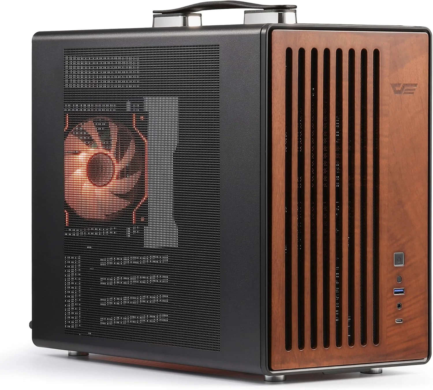 کیس کامپیوتر Micro-ATX قابل حمل دارک فلش با دستگیره، 1 فن ARGB PWM، با چوب گردو، Type-C، پشتیبانی از 240 AIO، کولر H165mm، دسکتاپ جمع و جور ساده (WD200، مشکی)