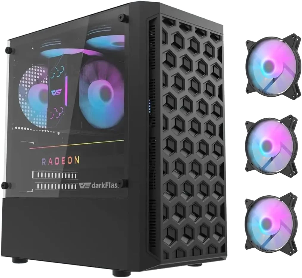 کیس کامپیوتر گیمینگ شیشه حرارت دیده دارک فلش DK300M M-ATX, ITX، دارای 3 فن RGB از پیش نصب شده، پشتیبانی از رادیاتور 240 میلی متری، اسلات های HDD و SSD، USB 3.0x1، USB 2.0 x2، HD AUDIO و پاور، کیس کامپیوتر