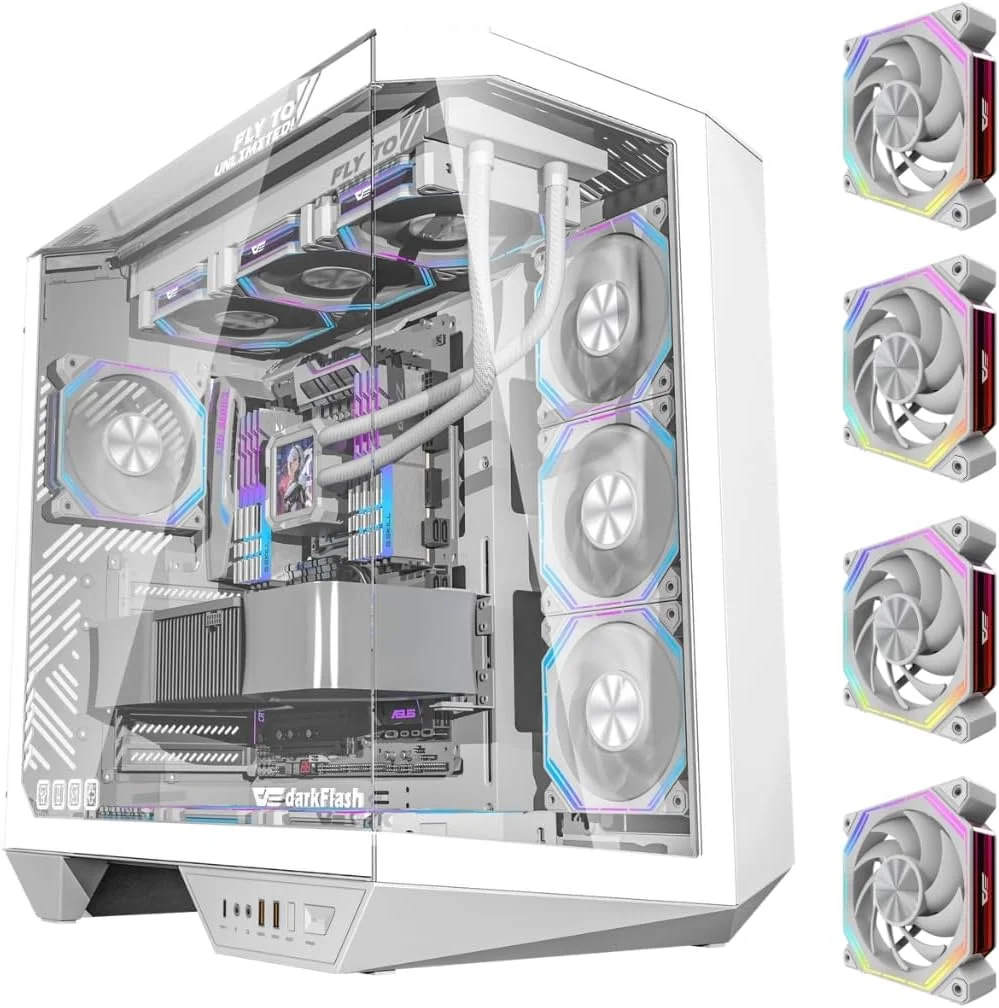 کیس کامپیوتر گیمینگ Darkflash DY470 ATX/MATX/ITX با سه پنل شیشه ای، 4 فن 120 میلی متری ARGB و نگهدارنده کارت گرافیک، طراحی سه شیشه ای، پشتیبانی از رادیاتورهای 360 میلی متری، USB Type-C، سازگار با 10 فن 120 میلی متری (سفید)