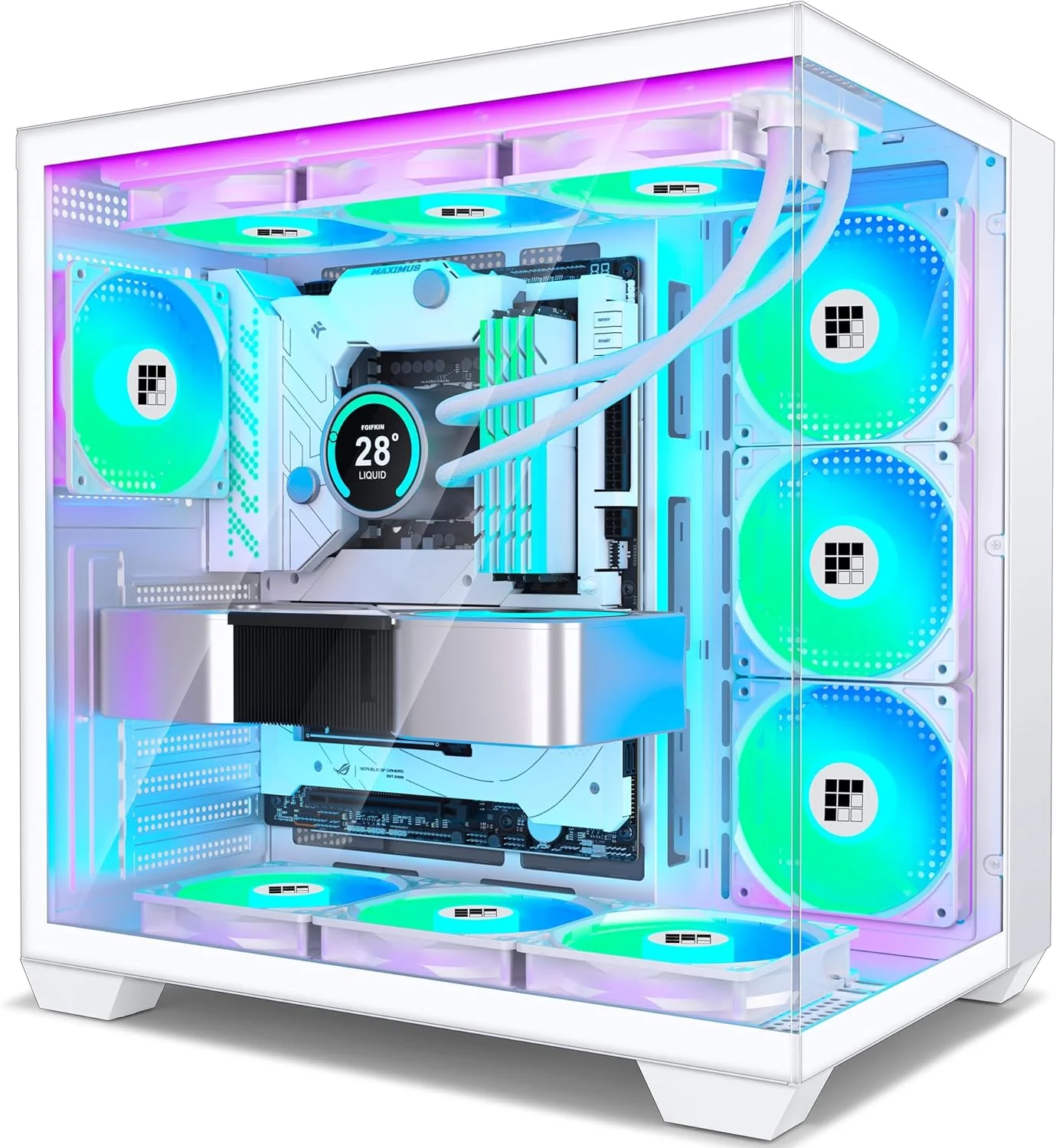 کیس کامپیوتر FOIFKIN F600 - با 7 فن PWM ARGB از پیش نصب شده، کیس گیمینگ ATX Mid-Tower، شیشه پانورامای 270 درجه با Type-C (سفید، F600)