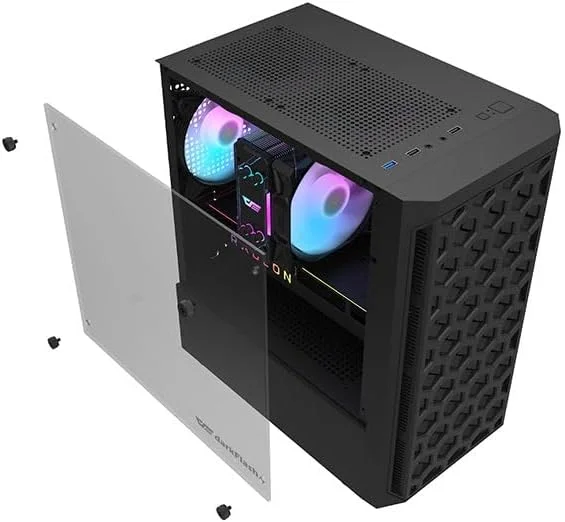 کیس کامپیوتر گیمینگ شیشه حرارت دیده دارک فلش DK300M M-ATX, ITX، دارای 3 فن RGB از پیش نصب شده، پشتیبانی از رادیاتور 240 میلی متری، اسلات های HDD و SSD، USB 3.0x1، USB 2.0 x2، HD AUDIO و پاور، کیس کامپیوتر