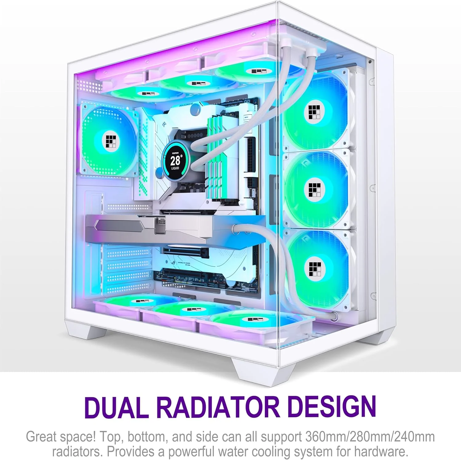 کیس کامپیوتر FOIFKIN F600 - با 7 فن PWM ARGB از پیش نصب شده، کیس گیمینگ ATX Mid-Tower، شیشه پانورامای 270 درجه با Type-C (سفید، F600)