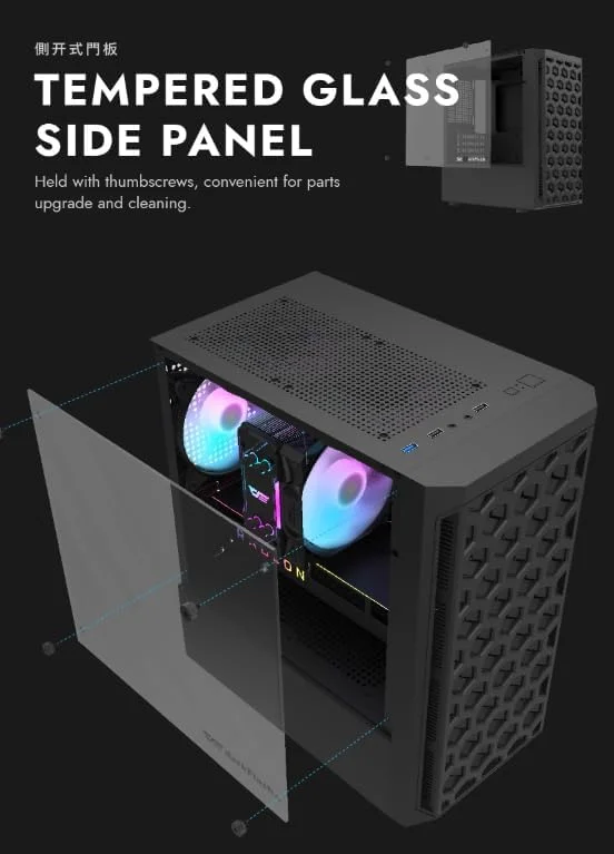 کیس کامپیوتر گیمینگ شیشه حرارت دیده دارک فلش DK300M M-ATX, ITX، دارای 3 فن RGB از پیش نصب شده، پشتیبانی از رادیاتور 240 میلی متری، اسلات های HDD و SSD، USB 3.0x1، USB 2.0 x2، HD AUDIO و پاور، کیس کامپیوتر