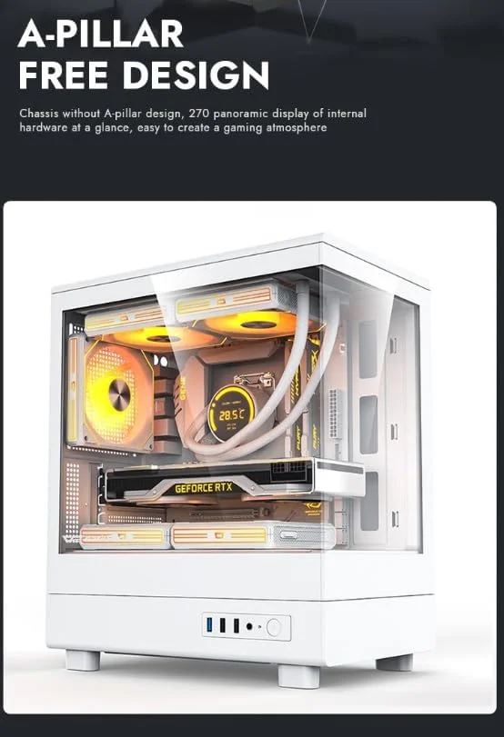 کیس کامپیوتر گیمینگ Darkflash DB330M شیشه حرارت دیده M-ATX/ITX با فن های ARGB از پیش نصب شده 3 * 120 میلی متری، طراحی پانورامای 270 درجه، پشتیبانی از رادیاتور تا 240 میلی متر، USB 3.0، 2 * اسلات SSD (سفید)