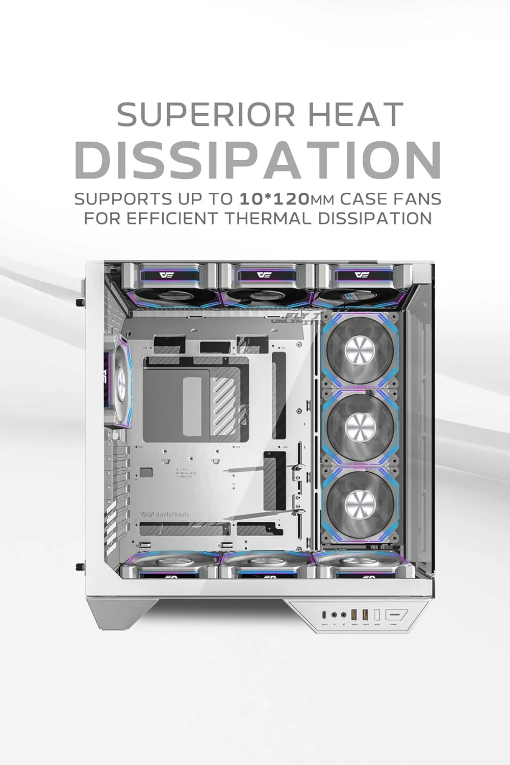 کیس کامپیوتر گیمینگ Darkflash DY470 ATX/MATX/ITX با سه پنل شیشه ای، 4 فن 120 میلی متری ARGB و نگهدارنده کارت گرافیک، طراحی سه شیشه ای، پشتیبانی از رادیاتورهای 360 میلی متری، USB Type-C، سازگار با 10 فن 120 میلی متری (سفید) کیس کامپیوتر گیمینگ Darkflash DY470 ATX/MATX/ITX با سه پنل شیشه ای، 4 فن 120 میلی متری ARGB و نگهدارنده کارت گرافیک، طراحی سه شیشه ای، پشتیبانی از رادیاتورهای 360 میلی متری، USB Type-C، سازگار با 10 فن 120 میلی متری (سفید)