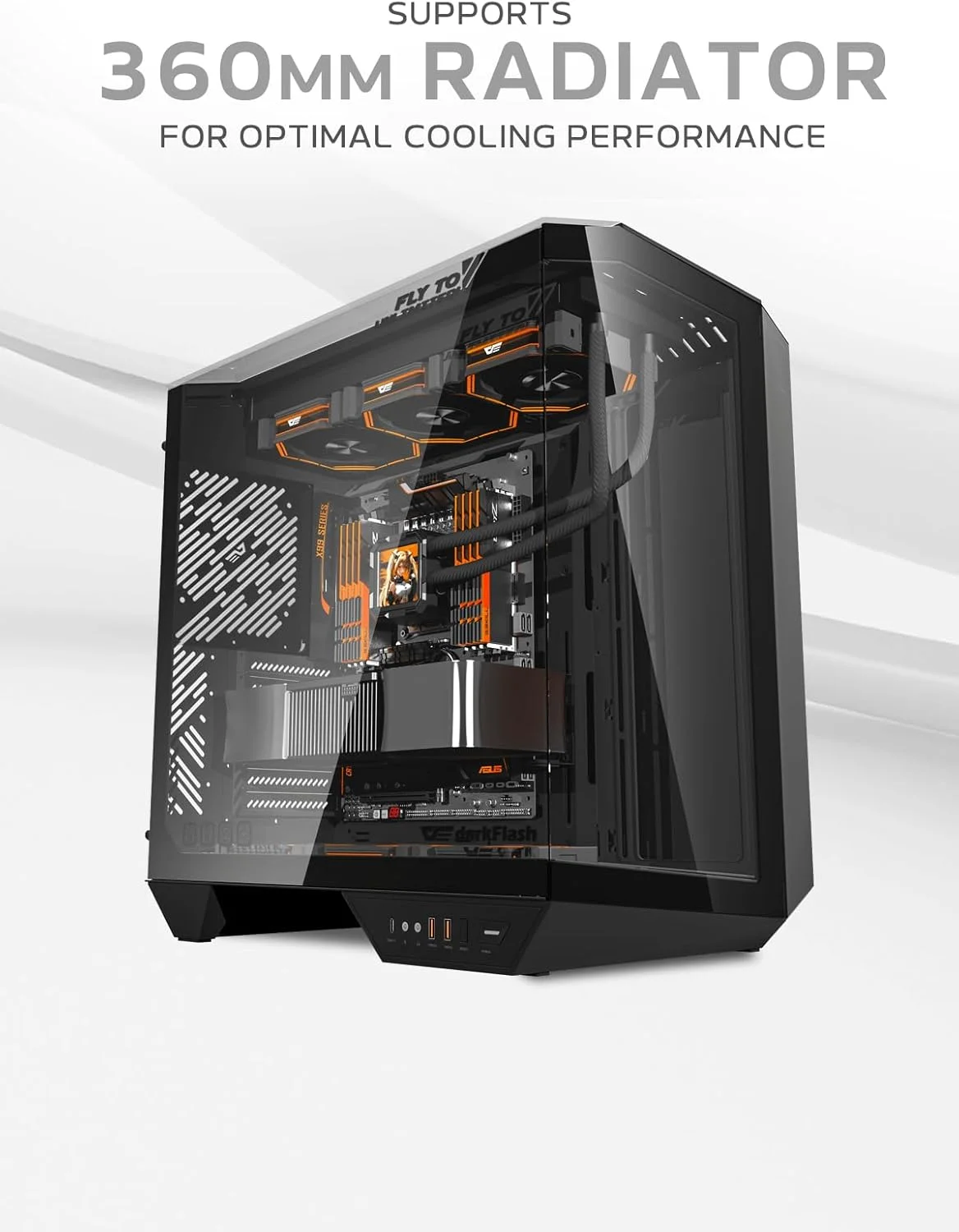 کیس کامپیوتر گیمینگ Darkflash DY470 ATX/MATX/ITX با سه پنل شیشه ای، به همراه 4 فن 120 میلی متری ARGB و نگهدارنده کارت گرافیک، طراحی سه شیشه ای، پشتیبانی از رادیاتورهای 360 میلی متری، USB Type-C، سازگار با 10 فن 120 میلی متری (مشکی)