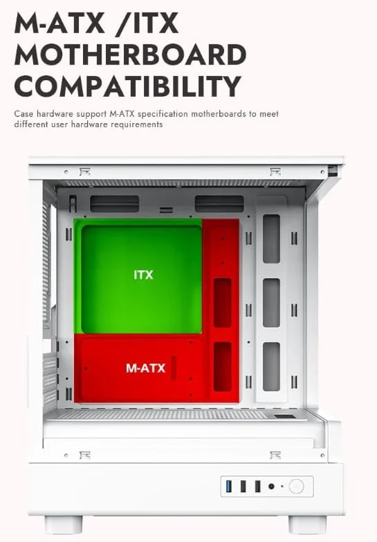 کیس کامپیوتر گیمینگ Darkflash DB330M شیشه حرارت دیده M-ATX/ITX با فن های ARGB از پیش نصب شده 3 * 120 میلی متری، طراحی پانورامای 270 درجه، پشتیبانی از رادیاتور تا 240 میلی متر، USB 3.0، 2 * اسلات SSD (سفید)