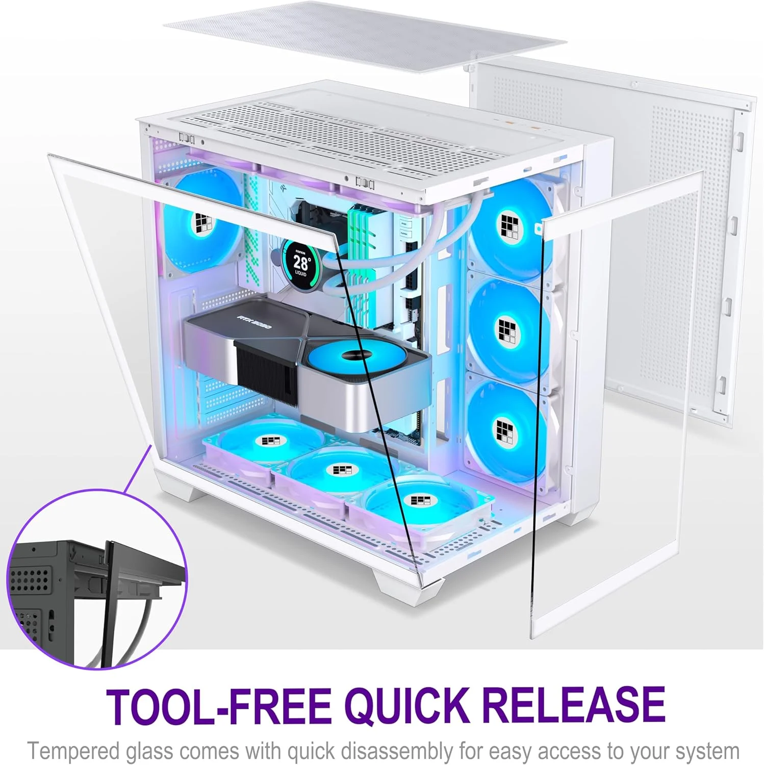 کیس کامپیوتر FOIFKIN F600 - با 7 فن PWM ARGB از پیش نصب شده، کیس گیمینگ ATX Mid-Tower، شیشه پانورامای 270 درجه با Type-C (سفید، F600)